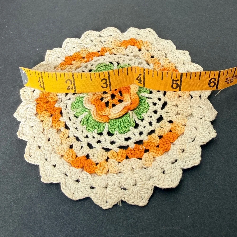 Vintage Handmade Crochet Floral Doily Round Orange Green Cream Lace 6 Inch